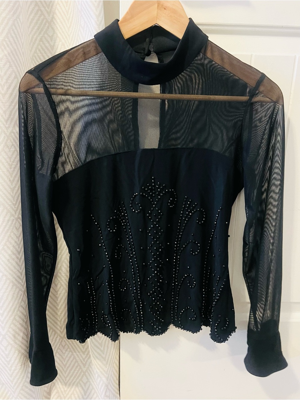 Black Sheer Mock-Neck Long Sleeve Top w Beaded Embellished Detail Size 6 Small